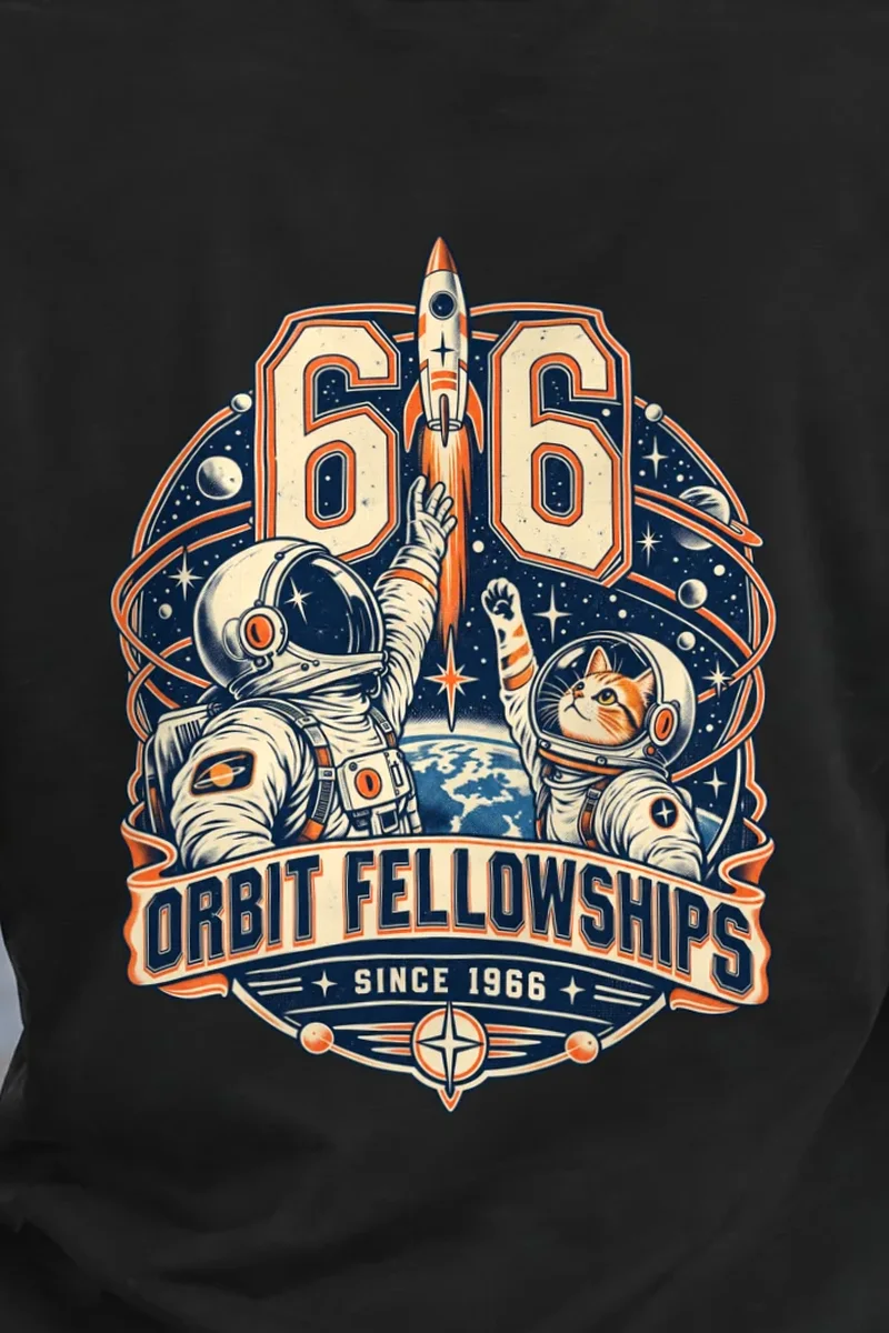 "66 Orbit Fellowships" Heavyweight Unisex Crewneck T-shirt - the graphic up close