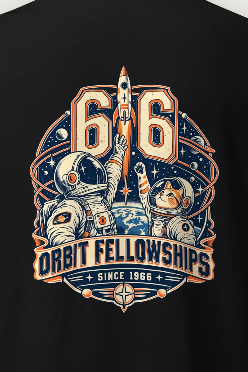 "66 Orbit Fellowships" Heavyweight Unisex Crewneck T-shirt - the graphic up close