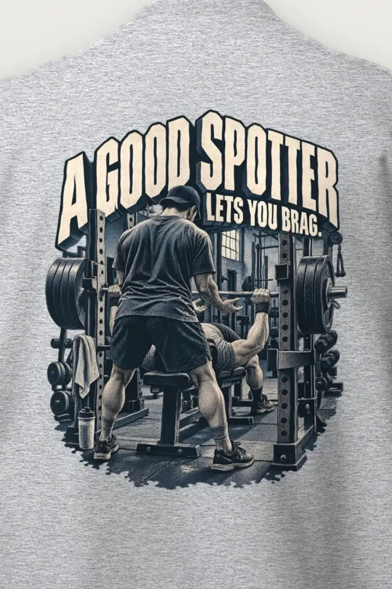 "A Good Spotter Lets You Brag" Heavy Blend Unisex Crewneck Sweatshirt - the graphic up close