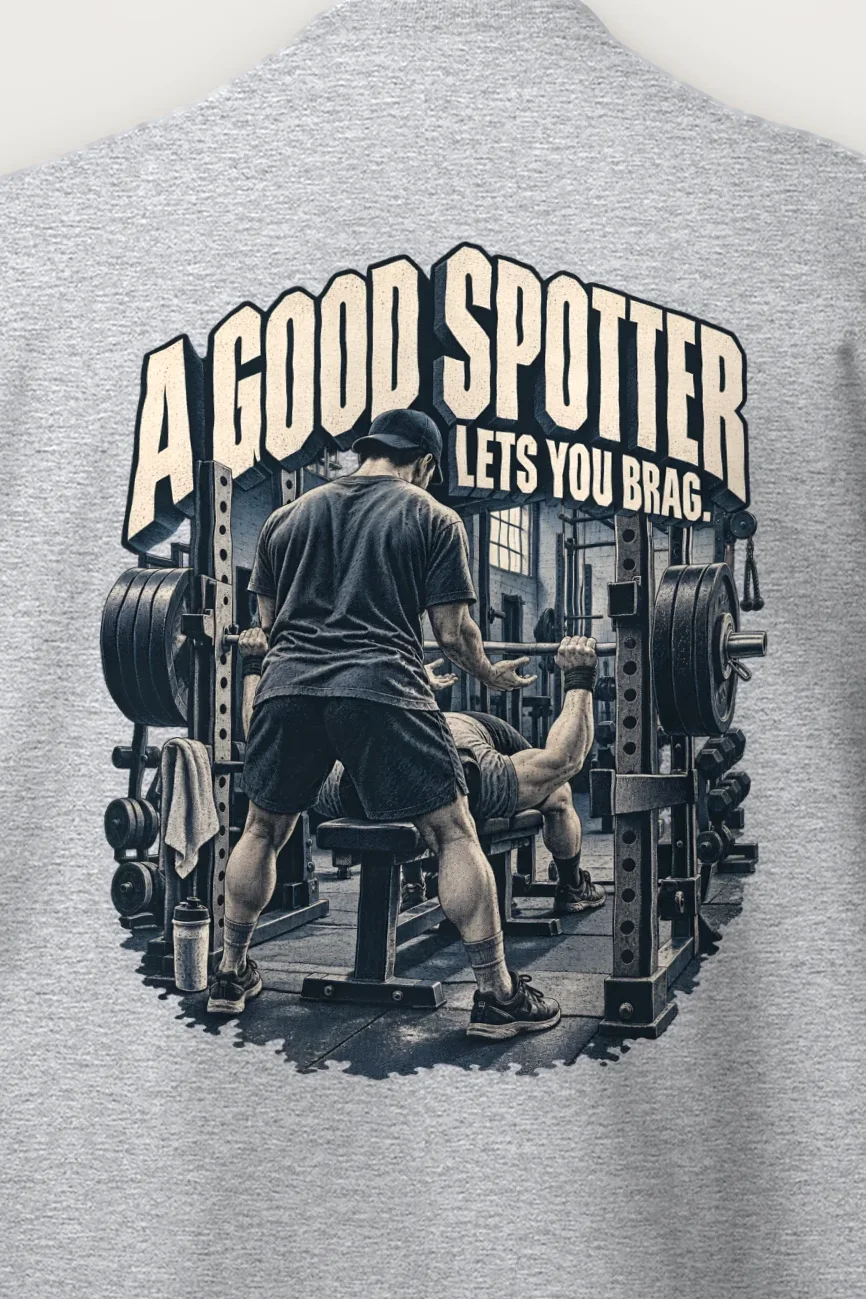 "A Good Spotter Lets You Brag" Heavy Blend Unisex Crewneck Sweatshirt - the graphic up close