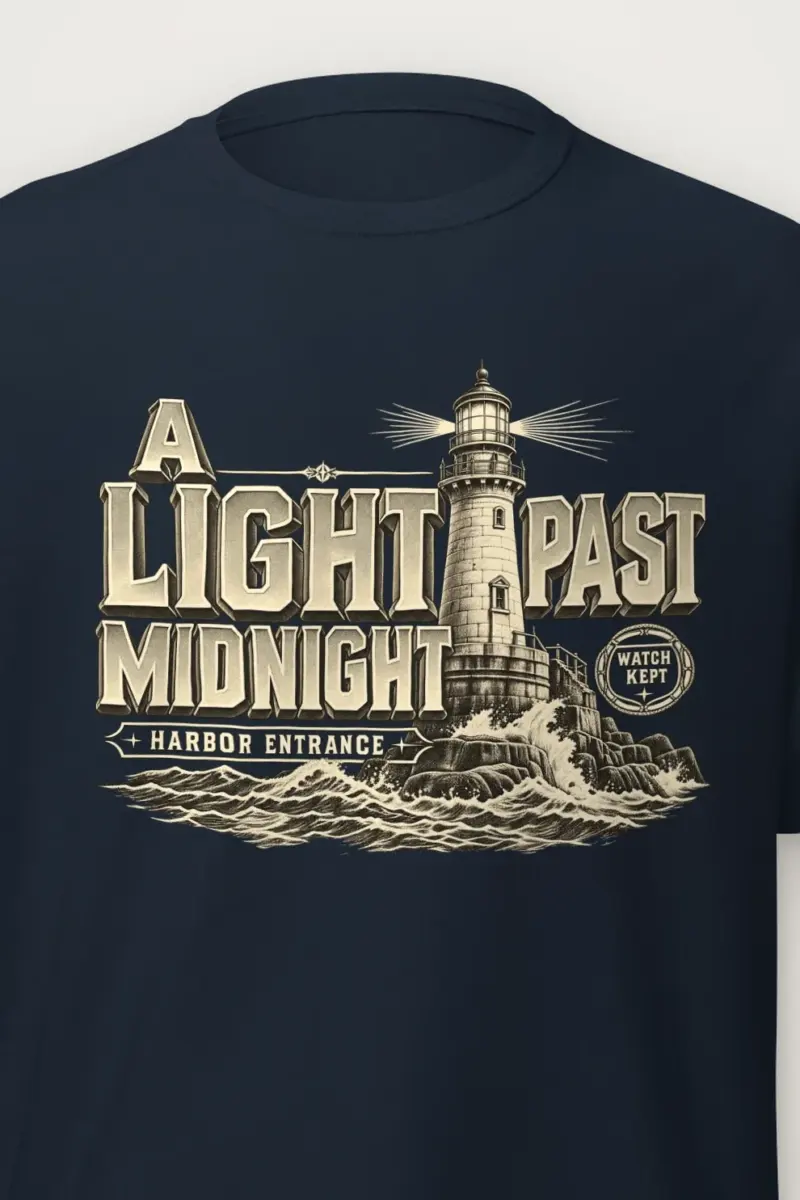 "A Light Past Midnight" Heavyweight Unisex Crewneck T-shirt - the graphic up close