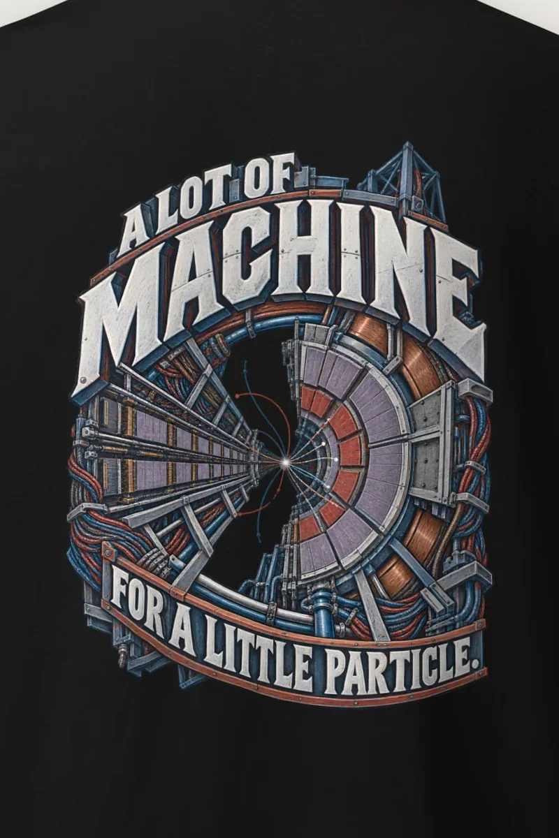 "A Lot of Machine for a Little Particle" Heavyweight Unisex Crewneck T-shirt - the graphic up close