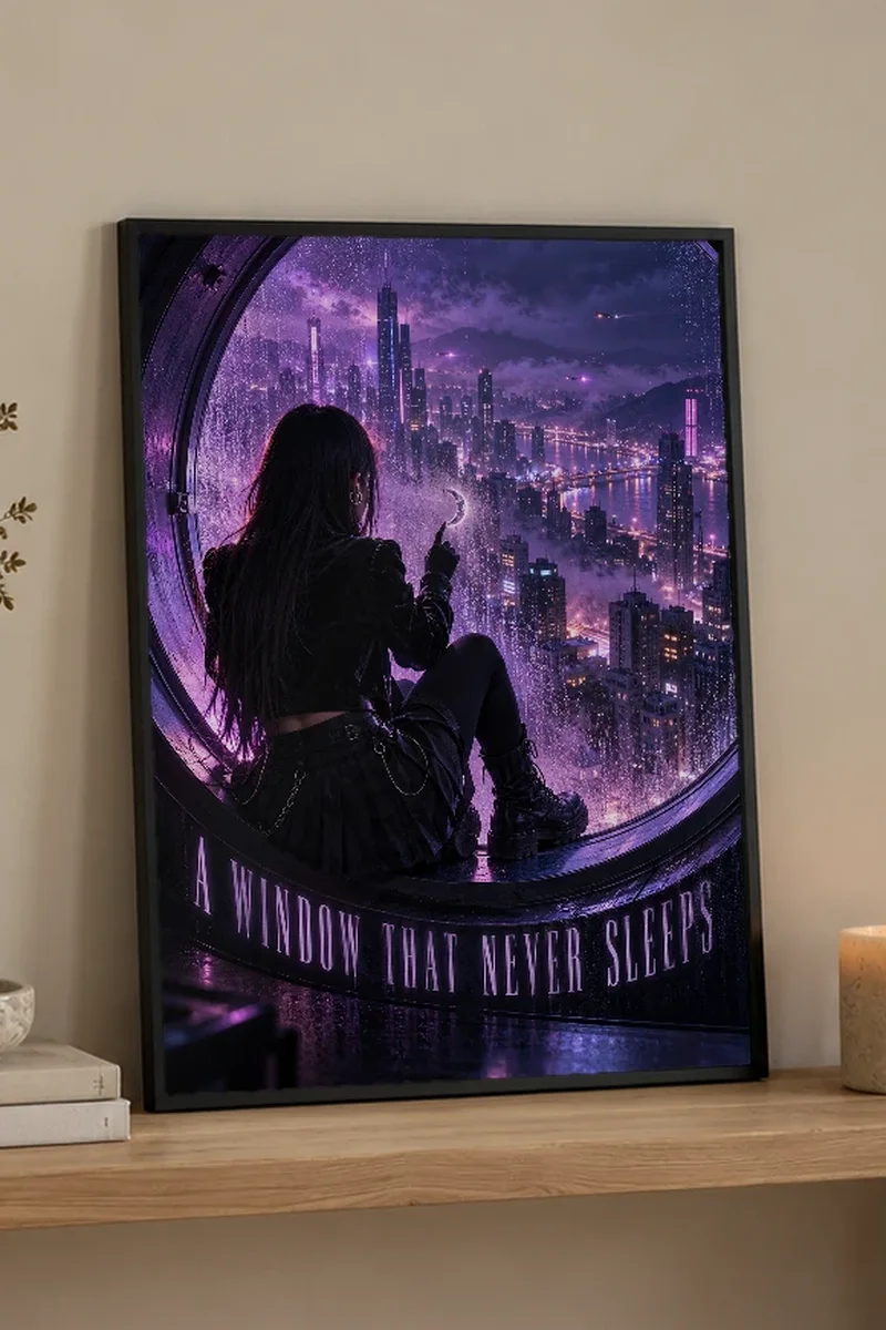 "A Window That Never Sleeps" Premium Wooden Framed Poster - the graphic up close