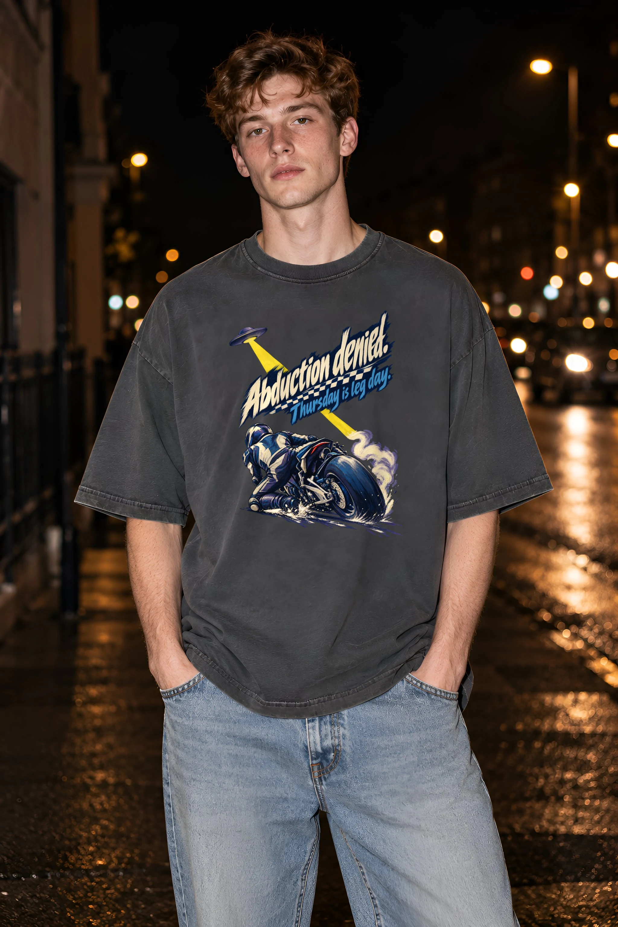 "Abduction Denied Leg Day" Unisex Oversized Heavyweight Crewneck T-Shirt