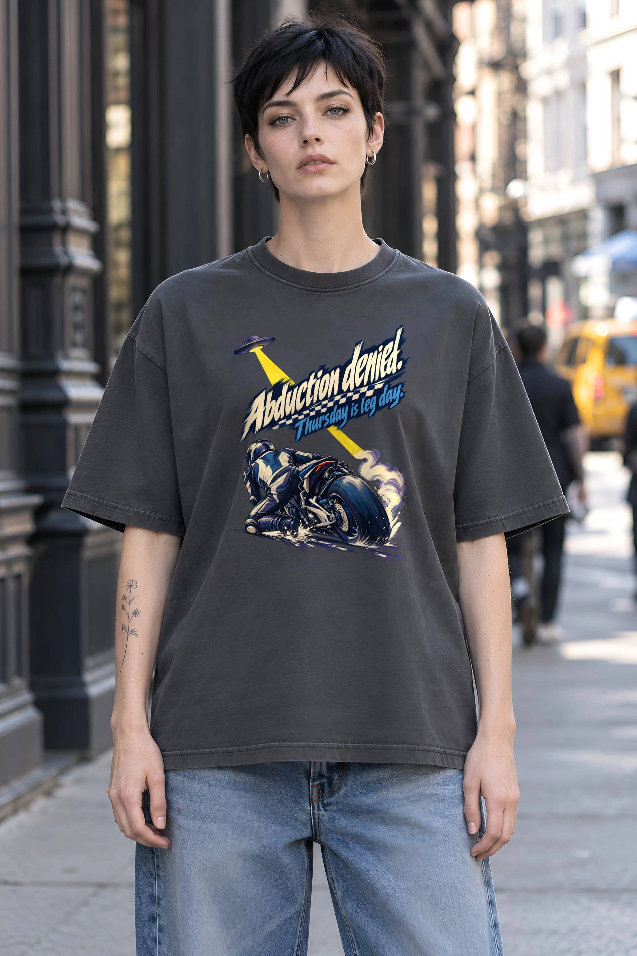"Abduction Denied Leg Day" Unisex Oversized Heavyweight Crewneck T-Shirt