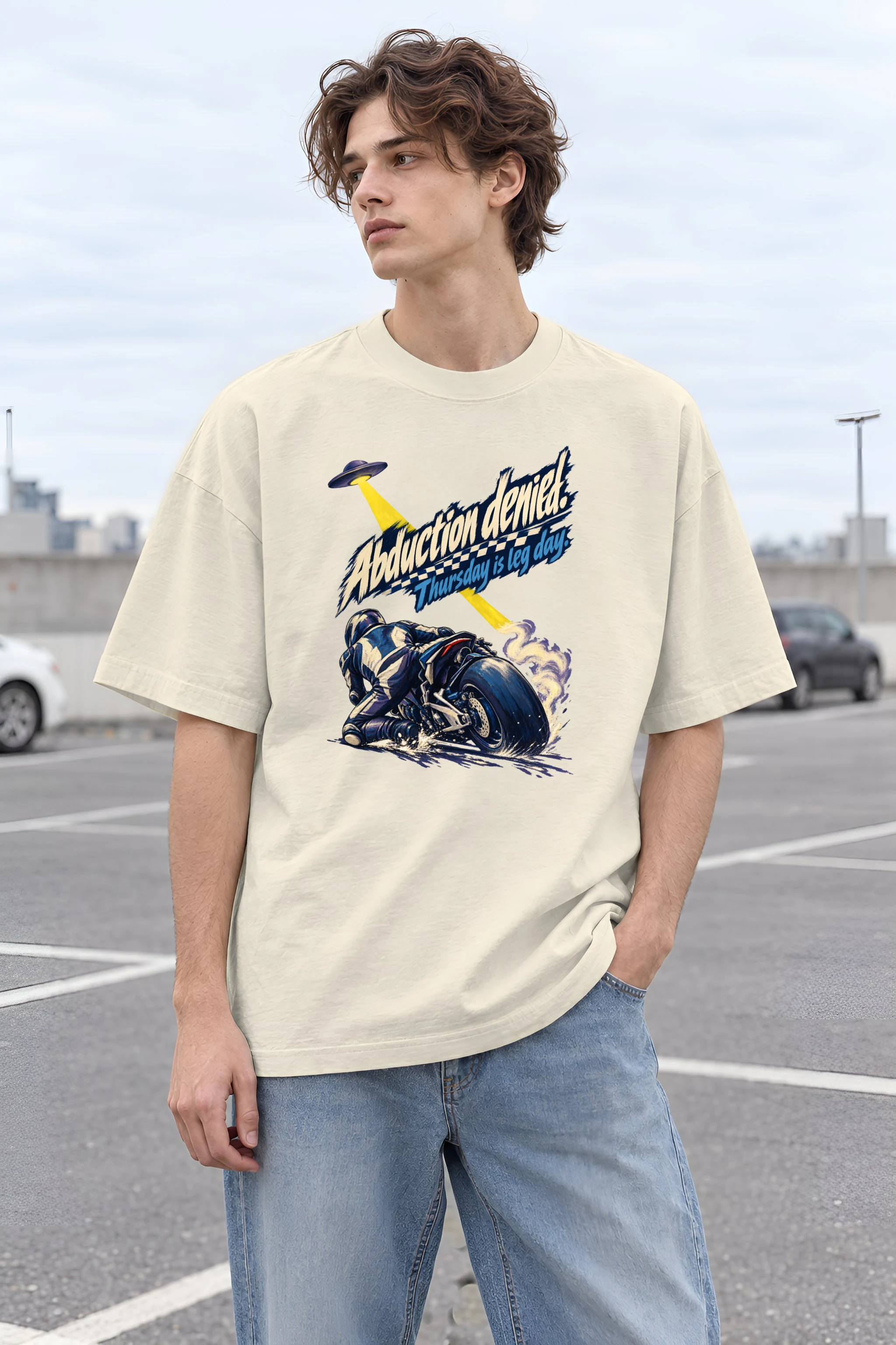 "Abduction Denied Leg Day" Unisex Oversized Heavyweight Crewneck T-Shirt