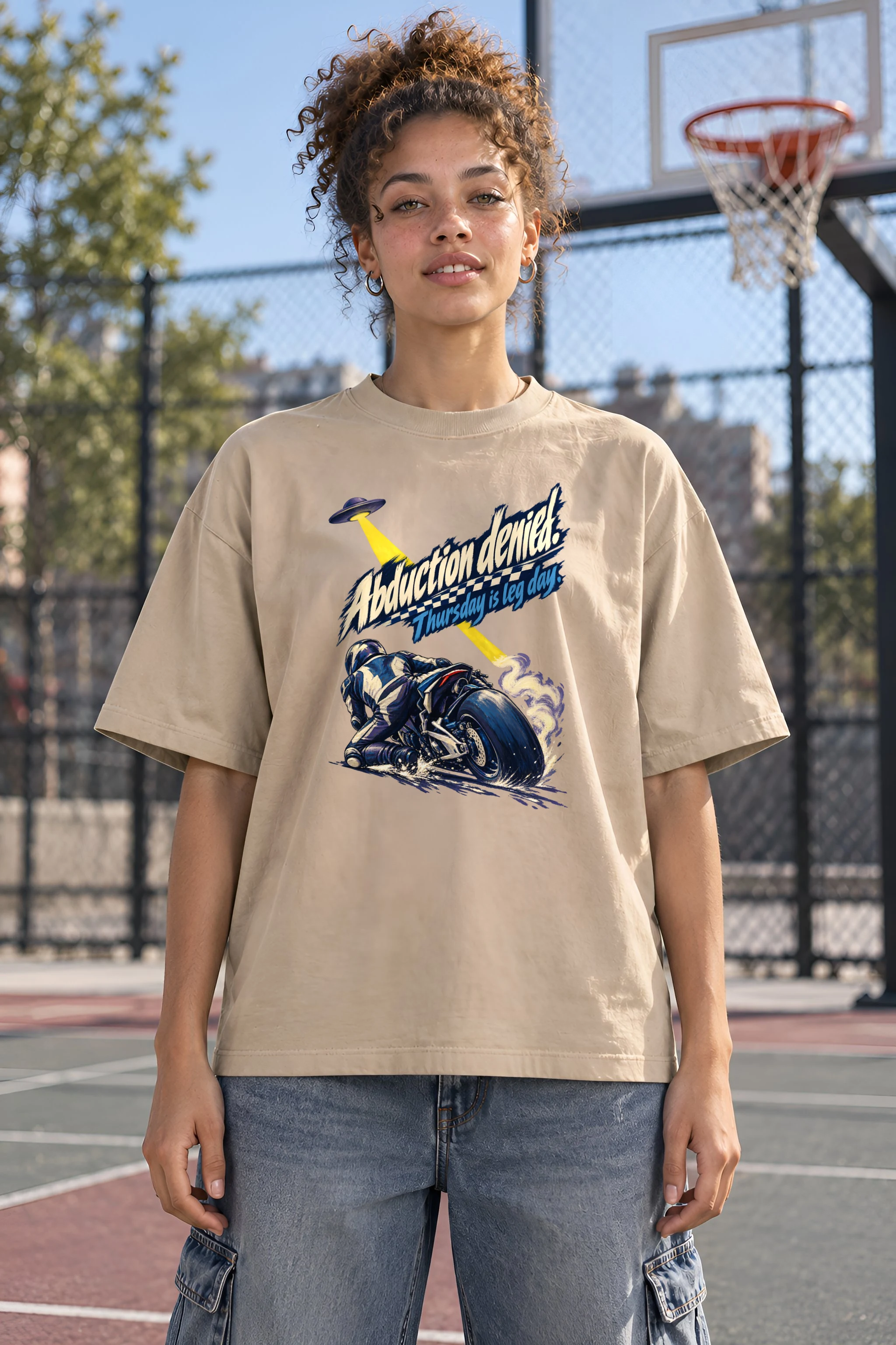 "Abduction Denied Leg Day" Unisex Oversized Heavyweight Crewneck T-Shirt