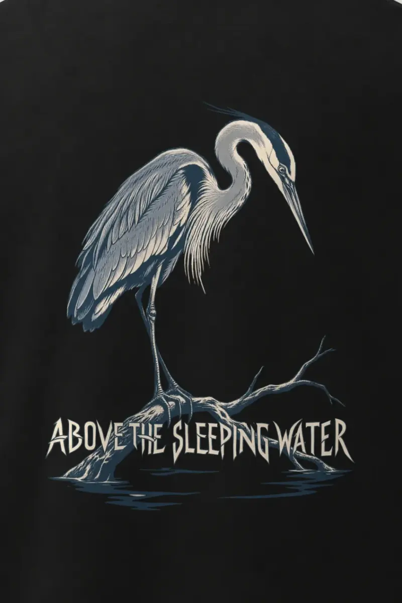 "Above The Sleeping Water" Men’s Oversized Heavyweight Crewneck T-Shirt - the graphic up close