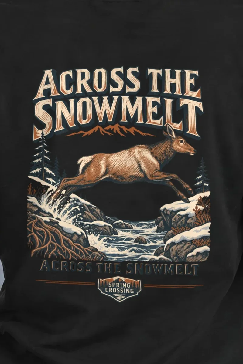 "Across the Snowmelt" Heavyweight Unisex Crewneck T-shirt - the graphic up close