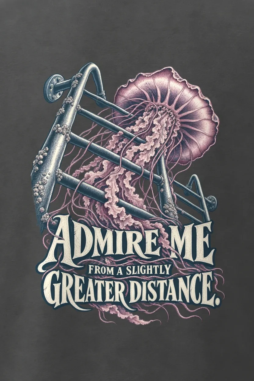"Admire Me From a Slightly Greater Distance" Men’s Oversized Heavyweight Crewneck T-Shirt - the graphic up close