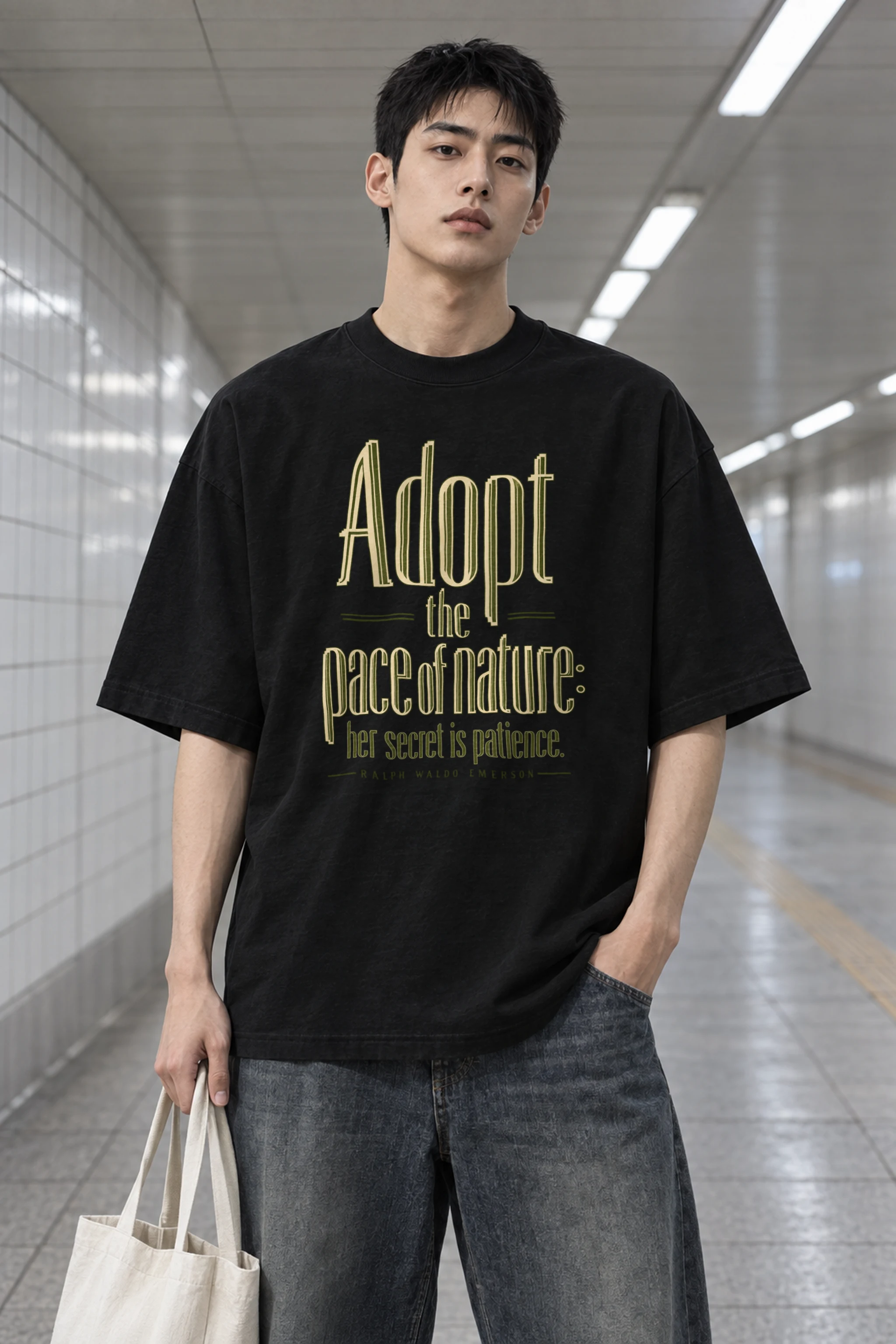 "Adopt the Pace of Nature" Men's Oversized Heavyweight Crewneck T-Shirt
