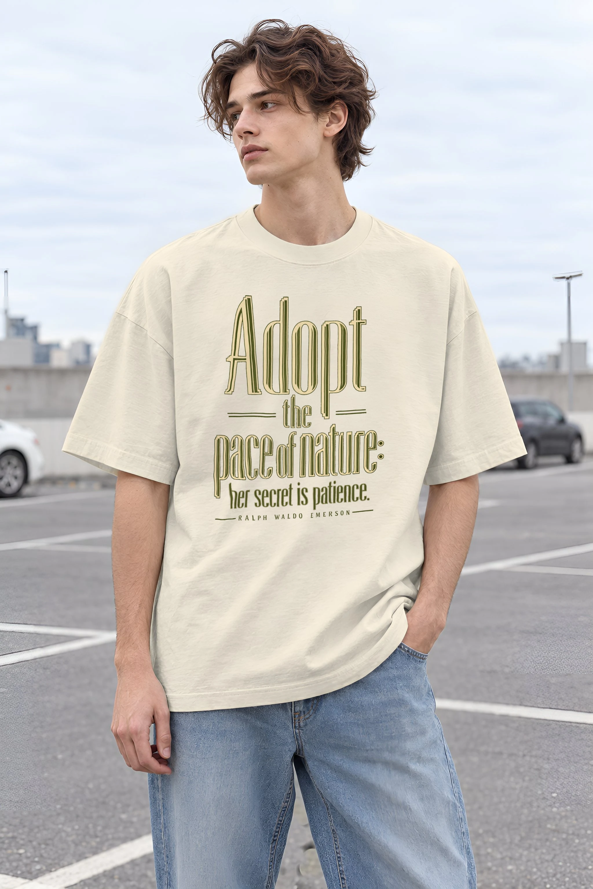 "Adopt the Pace of Nature" Unisex Oversized Heavyweight Crewneck T-Shirt