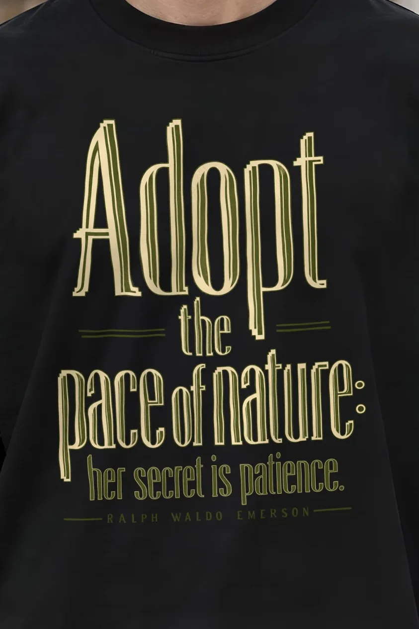 "Adopt the Pace of Nature" Men’s Oversized Heavyweight Crewneck T-Shirt - the graphic up close