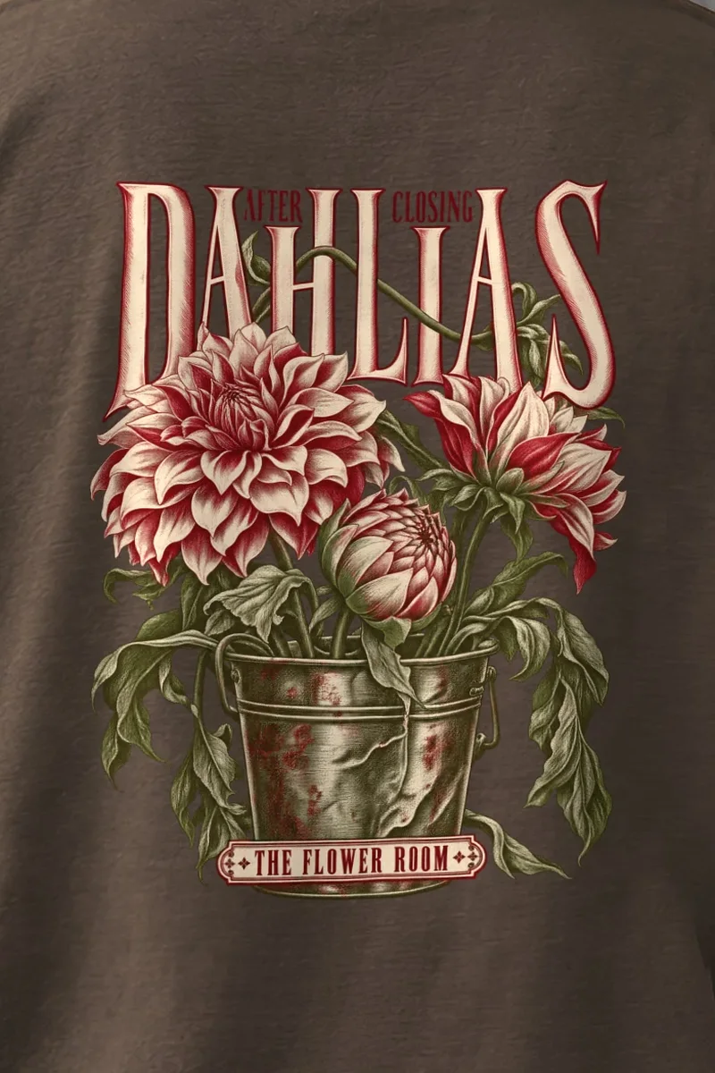 "After Closing Dahlias" Men’s Oversized Heavyweight Crewneck T-Shirt - the graphic up close