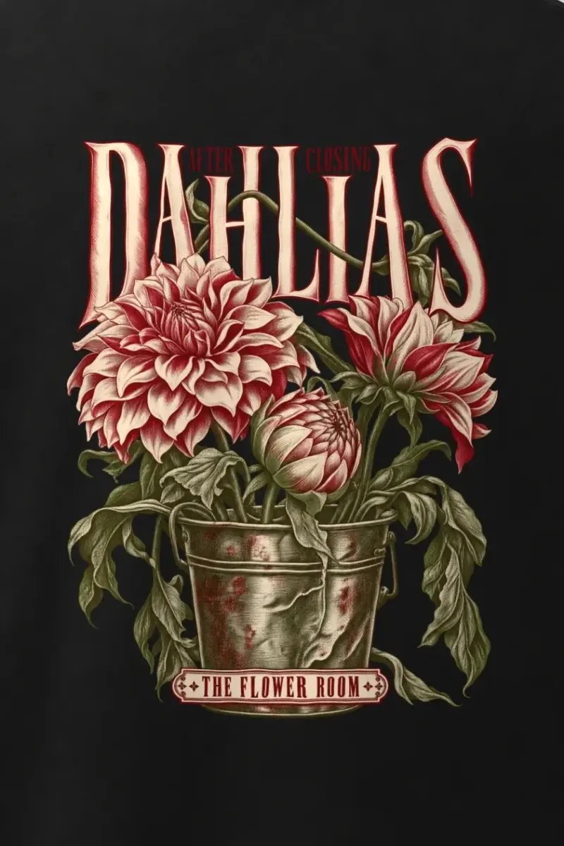 "After Closing Dahlias" Men’s Oversized Heavyweight Crewneck T-Shirt - the graphic up close