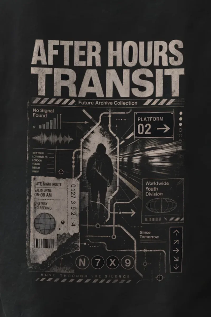"After Hours Transit" Heavyweight Unisex Crewneck T-shirt - the graphic up close