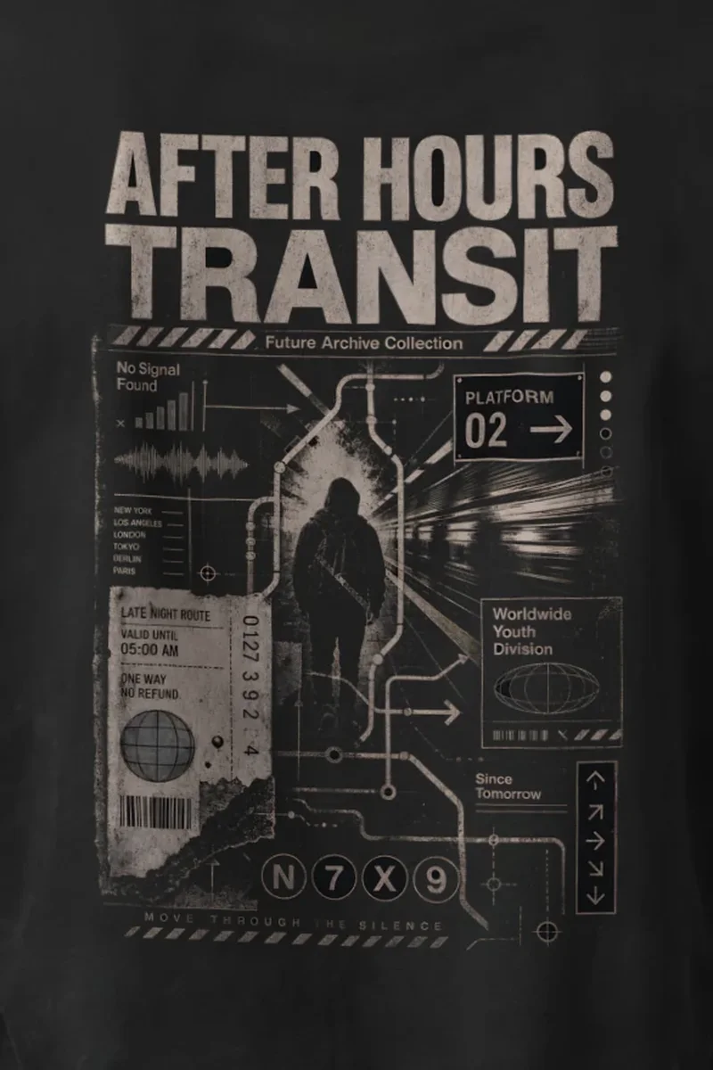 "After Hours Transit" Unisex Longsleeve T-shirt - the graphic up close
