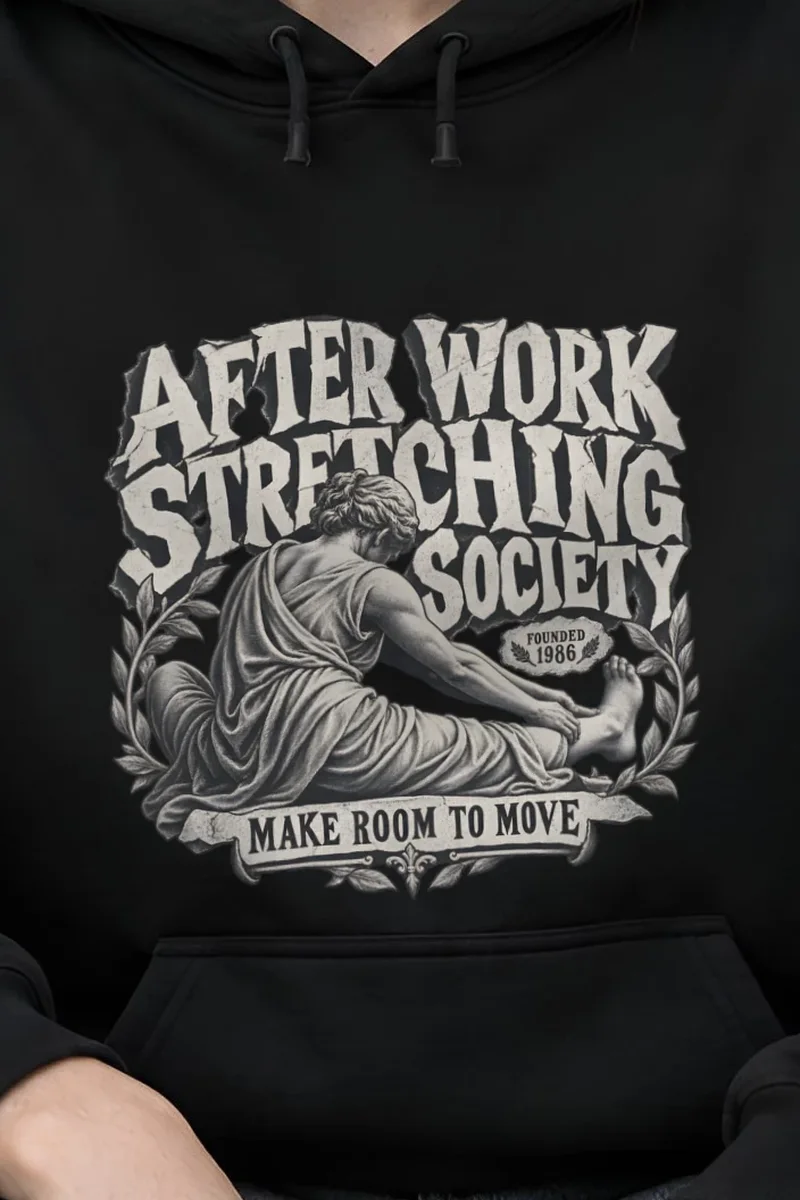 "After Work Stretching Society" Heavy Blend Unisex Pullover Hoodie - the graphic up close