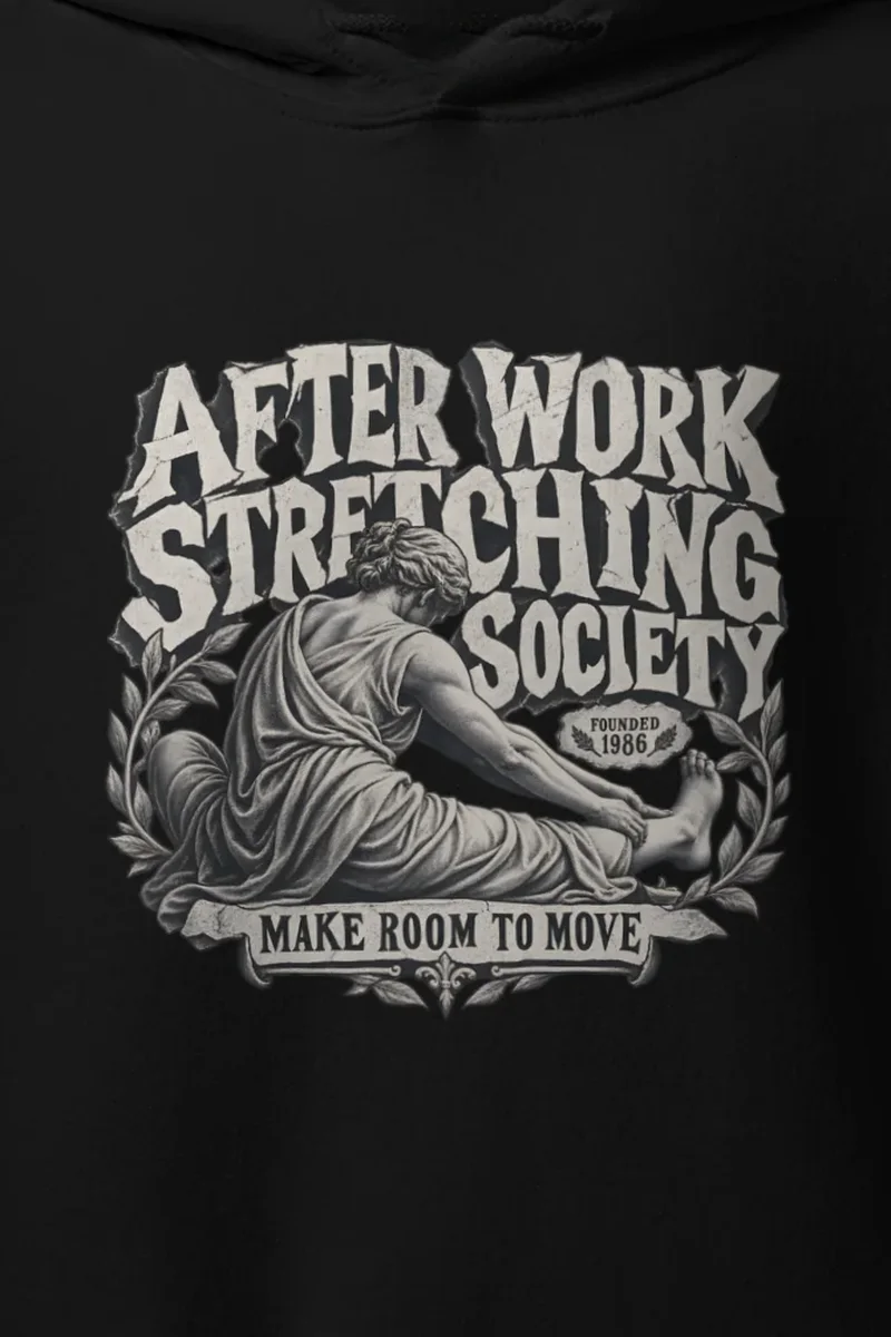 "After Work Stretching Society" Heavy Blend Unisex Pullover Hoodie - the graphic up close