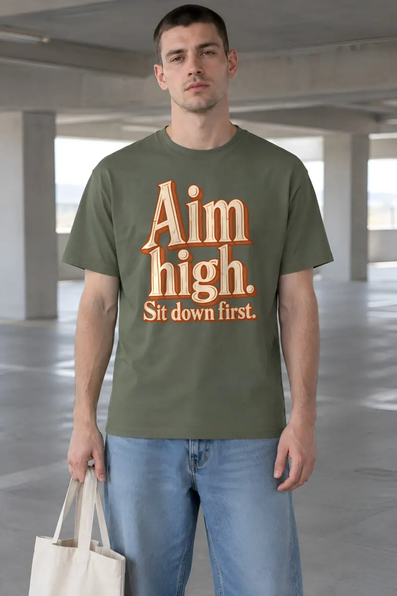 "Aim High. Sit Down First." Heavyweight Unisex Crewneck T-shirt
