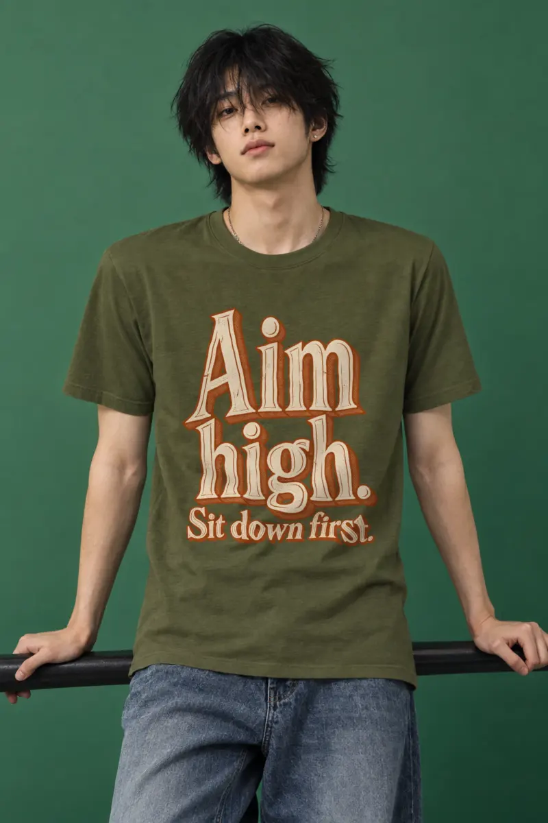 "Aim High. Sit Down First." Heavyweight Unisex Crewneck T-shirt
