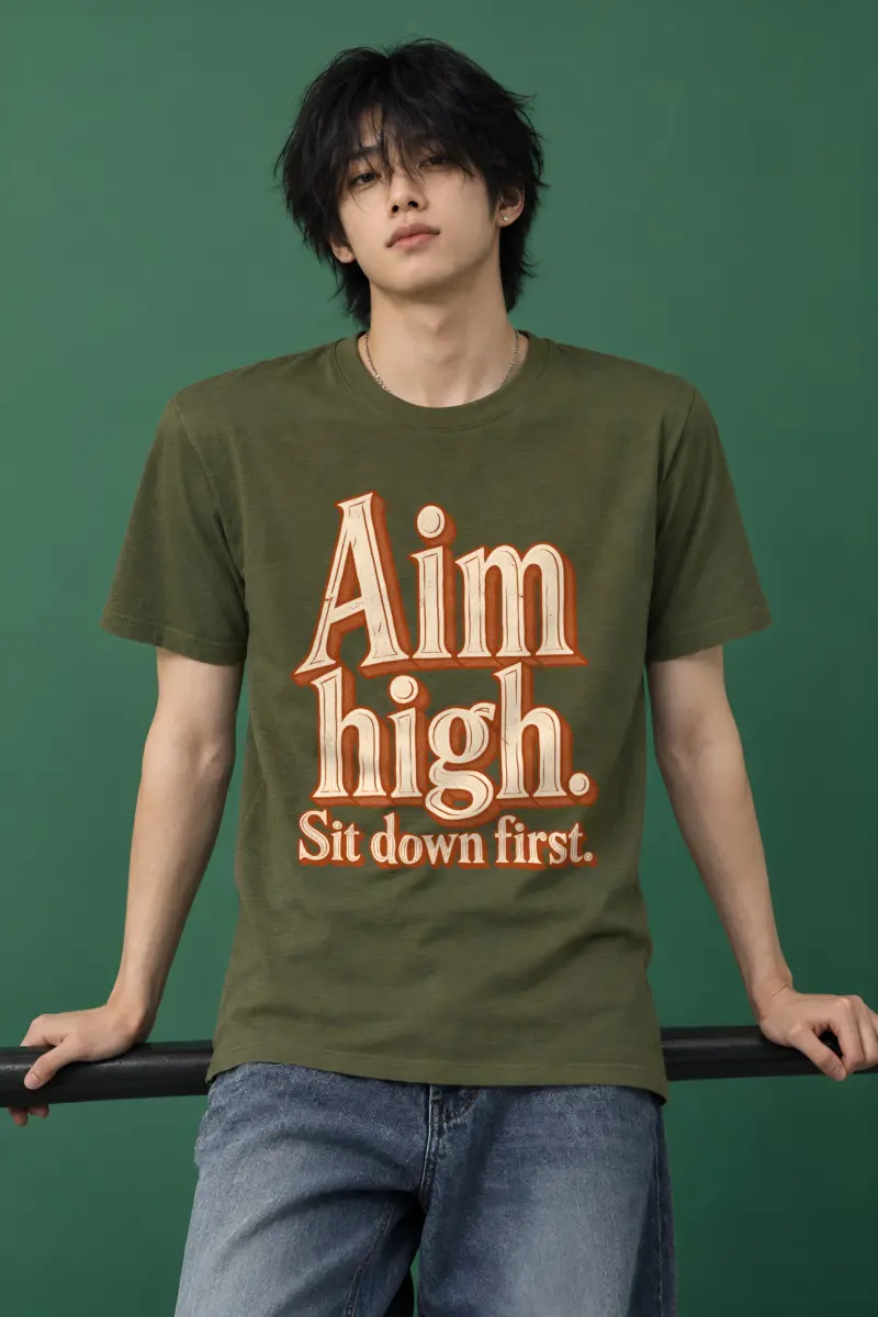 "Aim High. Sit Down First." Heavyweight Unisex Crewneck T-shirt