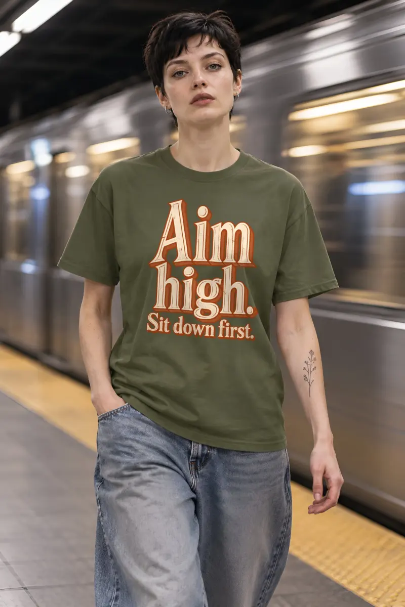 "Aim High. Sit Down First." Heavyweight Unisex Crewneck T-shirt