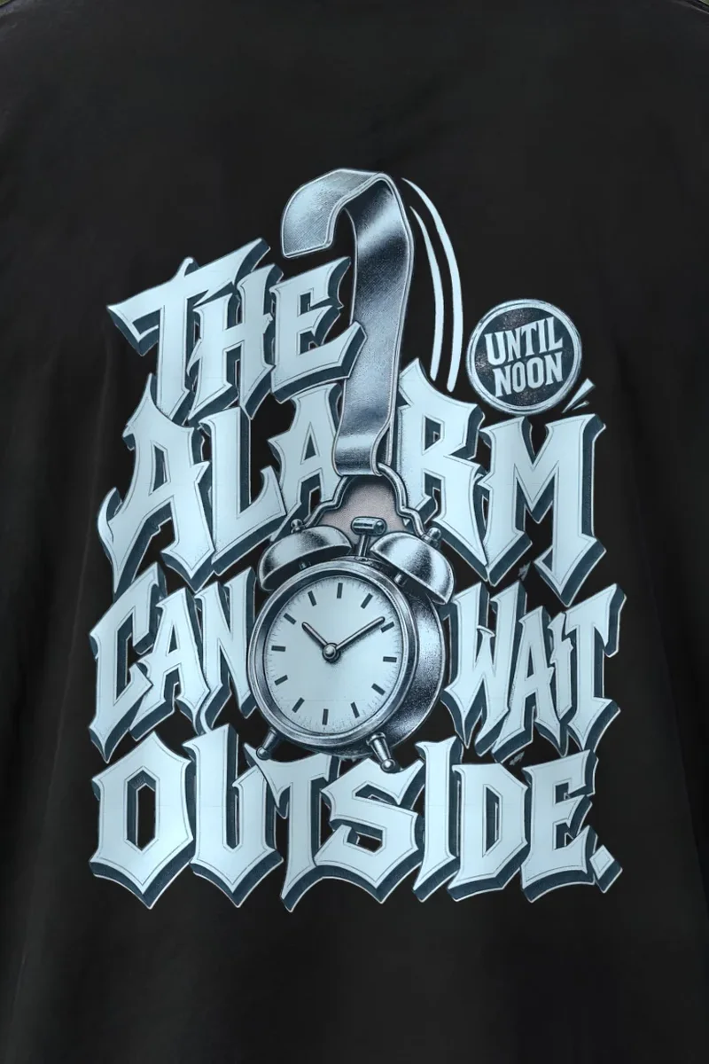 "Alarm Clock Lettering" Men’s Oversized Heavyweight Crewneck T-Shirt - the graphic up close