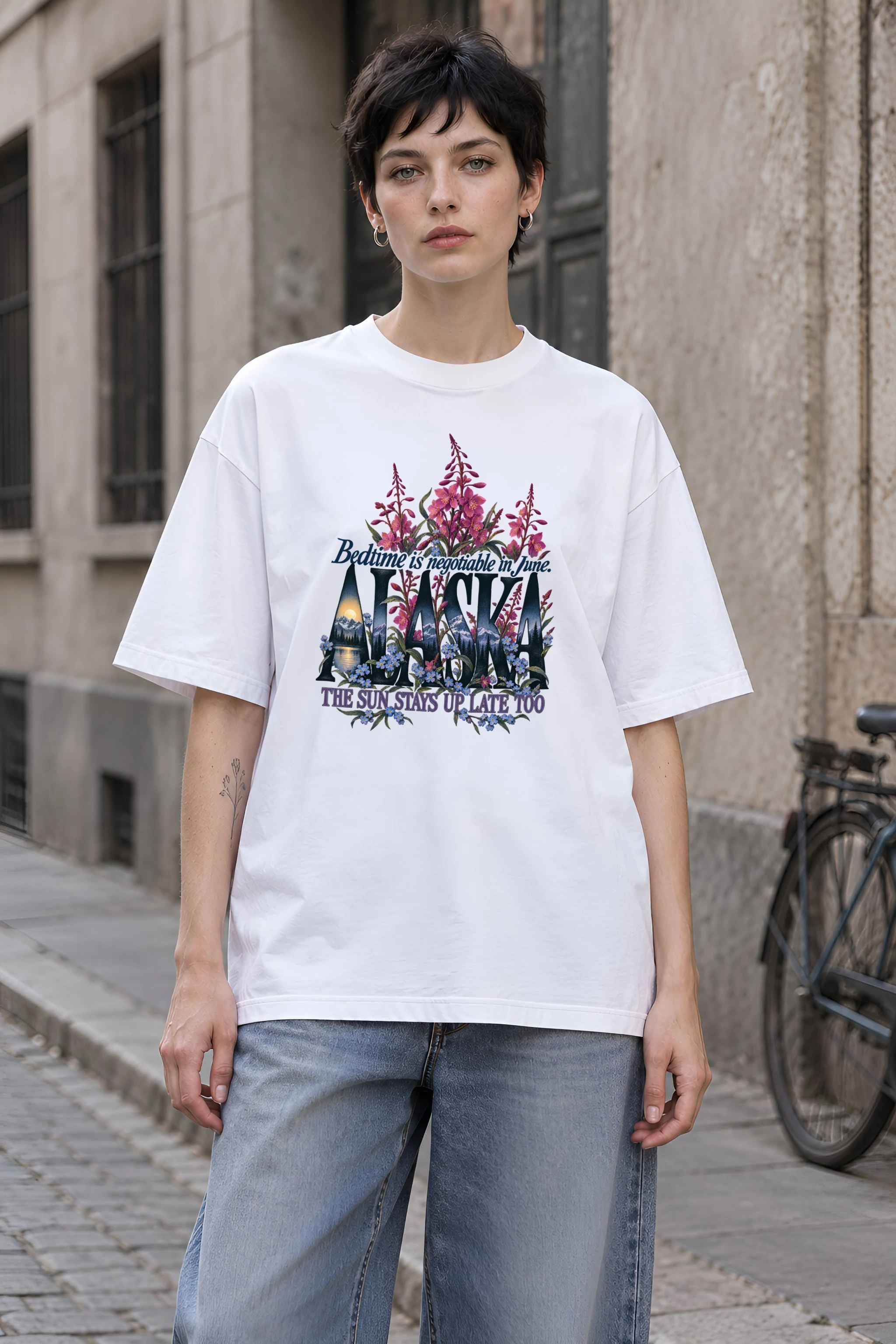 "Alaska Bedtime Is Negotiable" Unisex Oversized Heavyweight Crewneck T-Shirt
