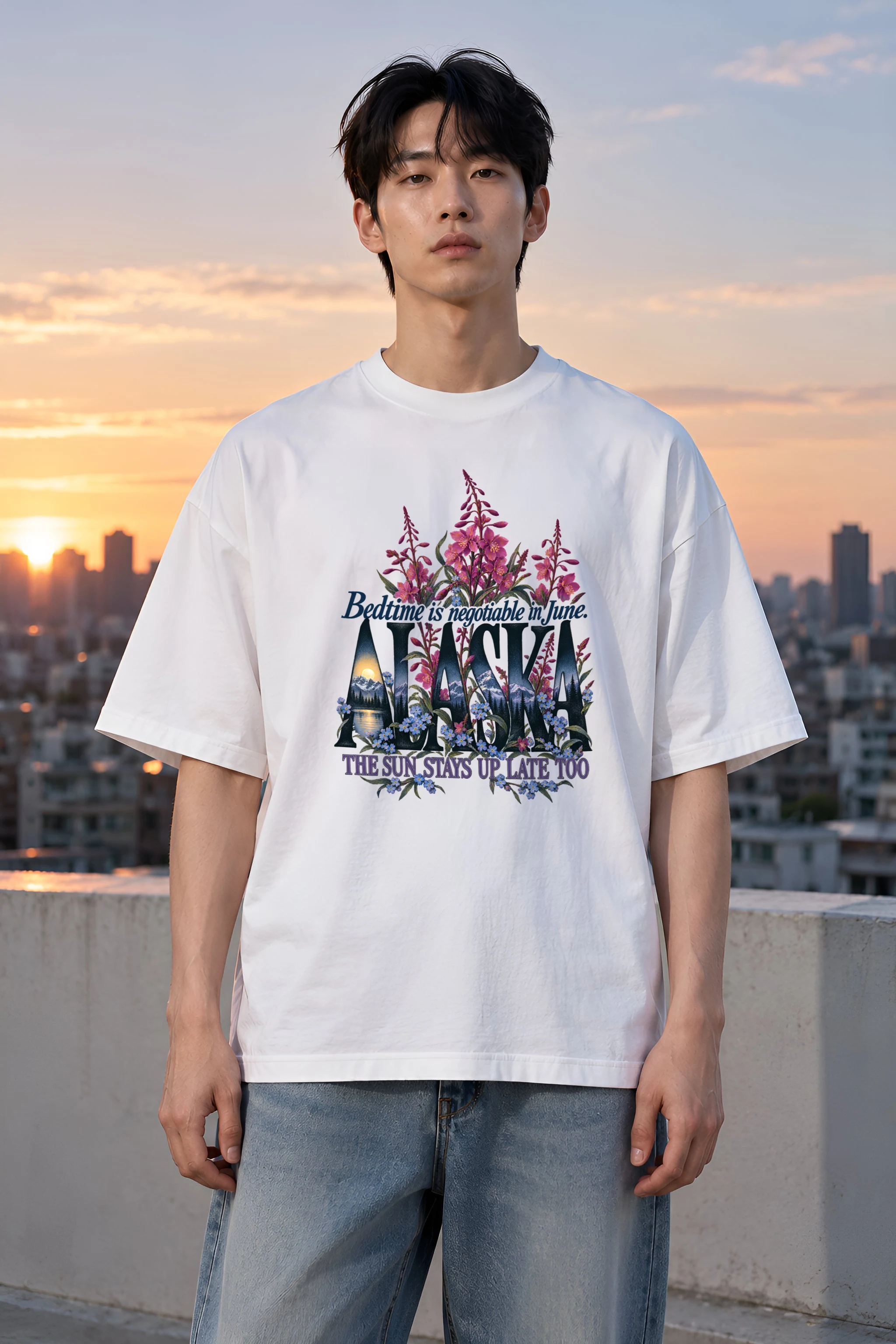 "Alaska Bedtime Is Negotiable" Unisex Oversized Heavyweight Crewneck T-Shirt