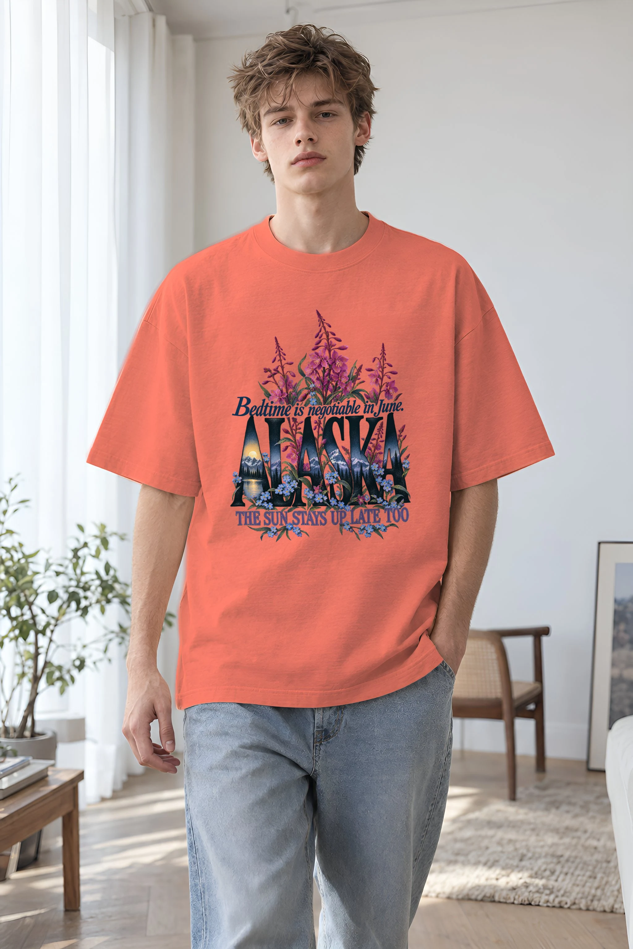"Alaska Bedtime Is Negotiable" Unisex Oversized Heavyweight Crewneck T-Shirt