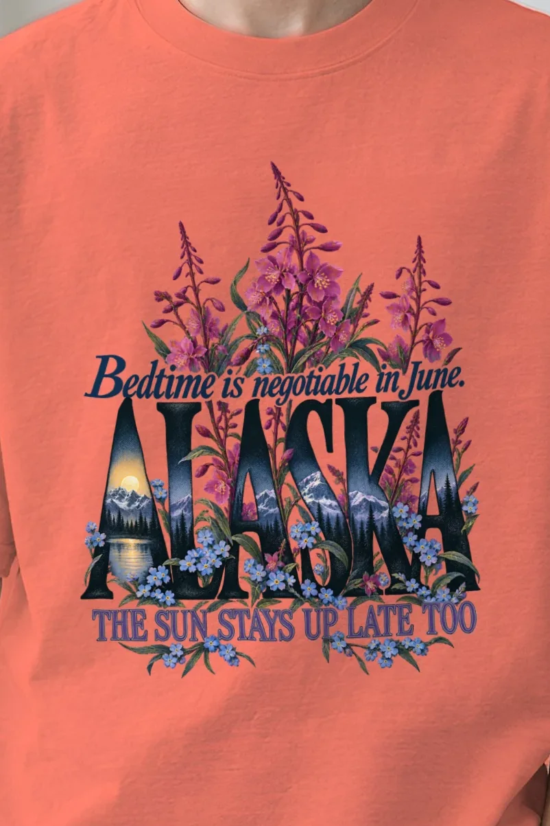 "Alaska Bedtime Is Negotiable" Unisex Oversized Heavyweight Crewneck T-Shirt - the graphic up close