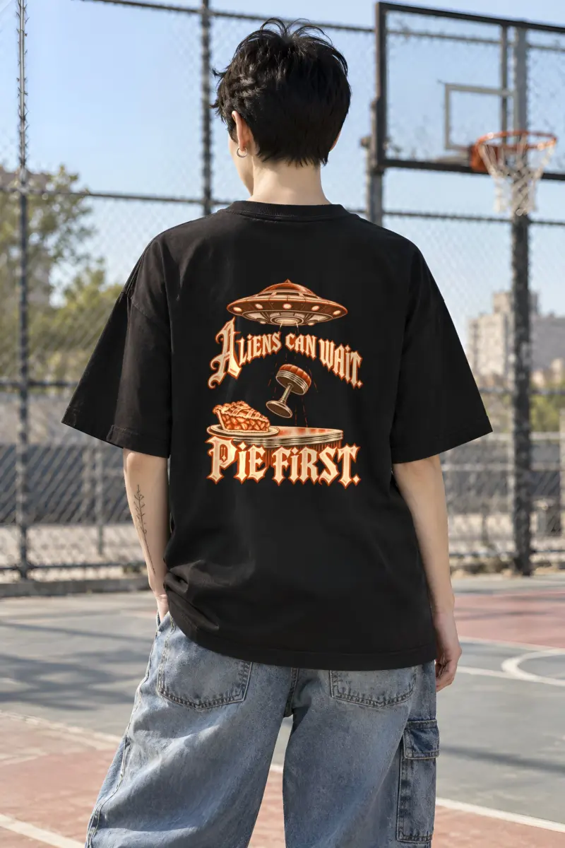 "Aliens Can Wait Pie First" Unisex Oversized Heavyweight Crewneck T-Shirt