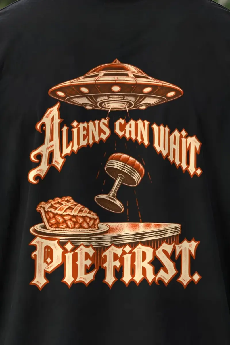 "Aliens Can Wait Pie First" Men’s Oversized Heavyweight Crewneck T-Shirt - the graphic up close