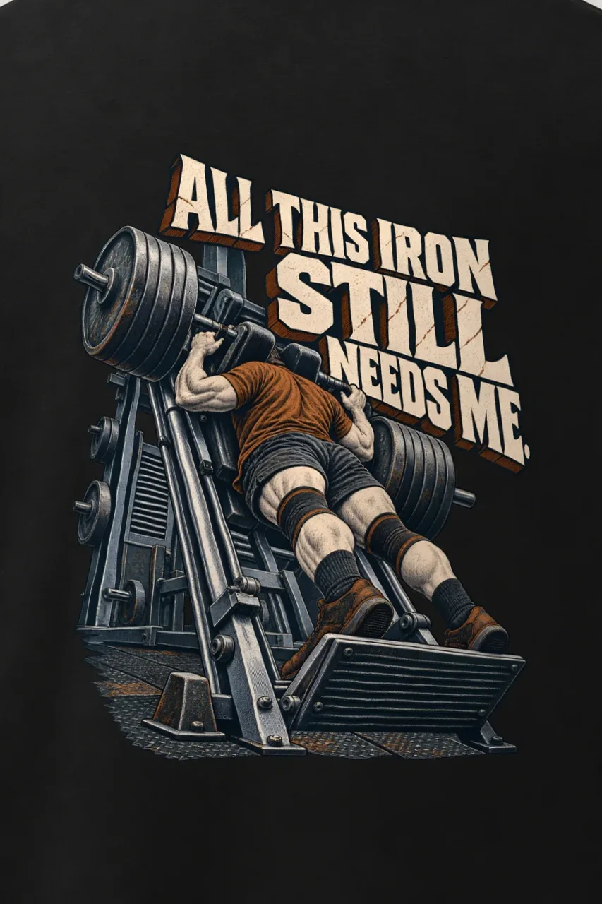 "All This Iron Still Needs Me" Men’s Oversized Heavyweight Crewneck T-Shirt - the graphic up close