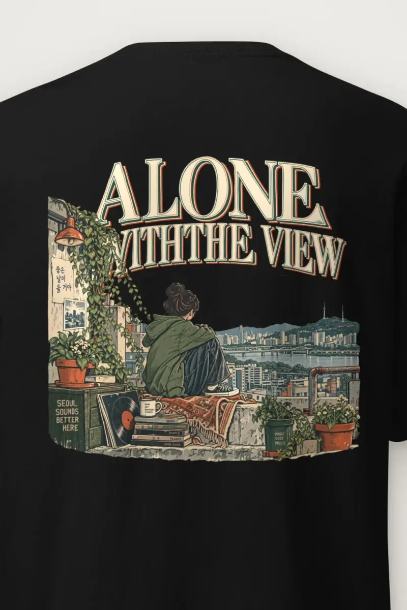 "Alone With the View" Heavyweight Unisex Crewneck T-shirt - the graphic up close