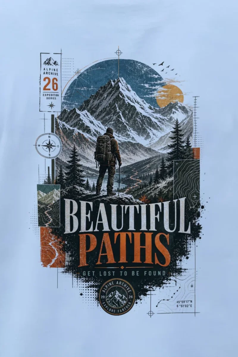 "Alpine Archive Expedition" Heavyweight Unisex Crewneck T-shirt - the graphic up close
