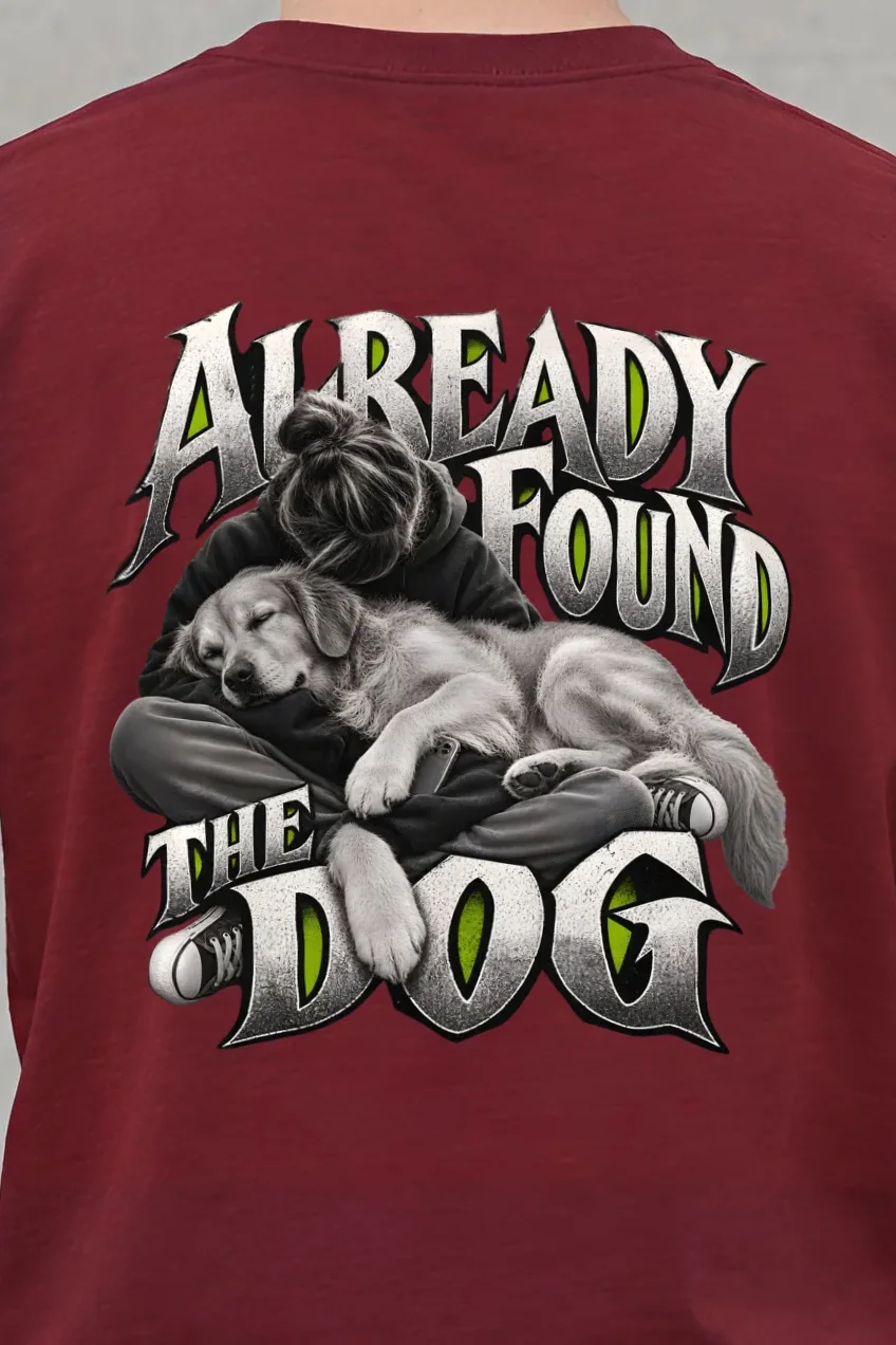 "Already Found the Dog" Heavyweight Unisex Crewneck T-shirt - the graphic up close