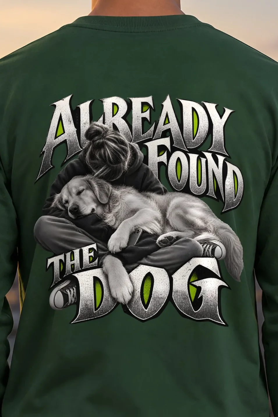 "Already Found the Dog" Unisex Longsleeve T-shirt - the graphic up close