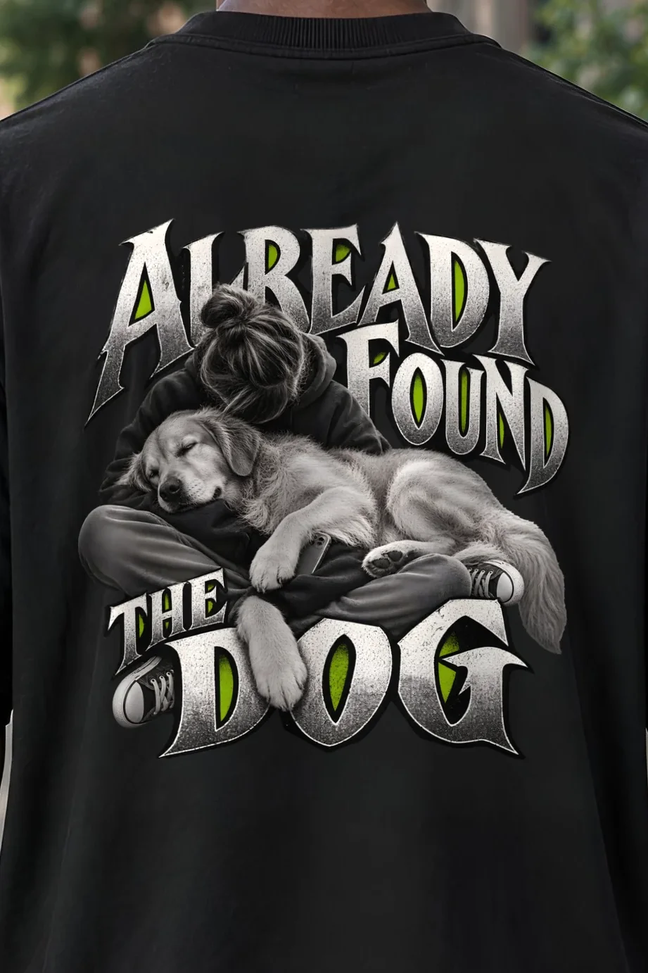 "Already Found the Dog" Unisex Oversized Heavyweight Crewneck T-Shirt - the graphic up close