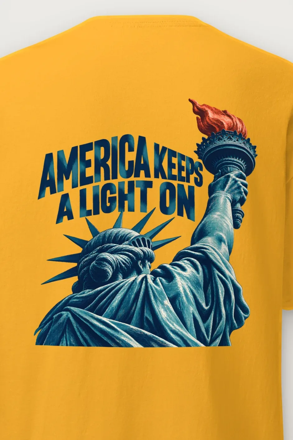 "America Keeps a Light On" Heavyweight Unisex Crewneck T-shirt - the graphic up close