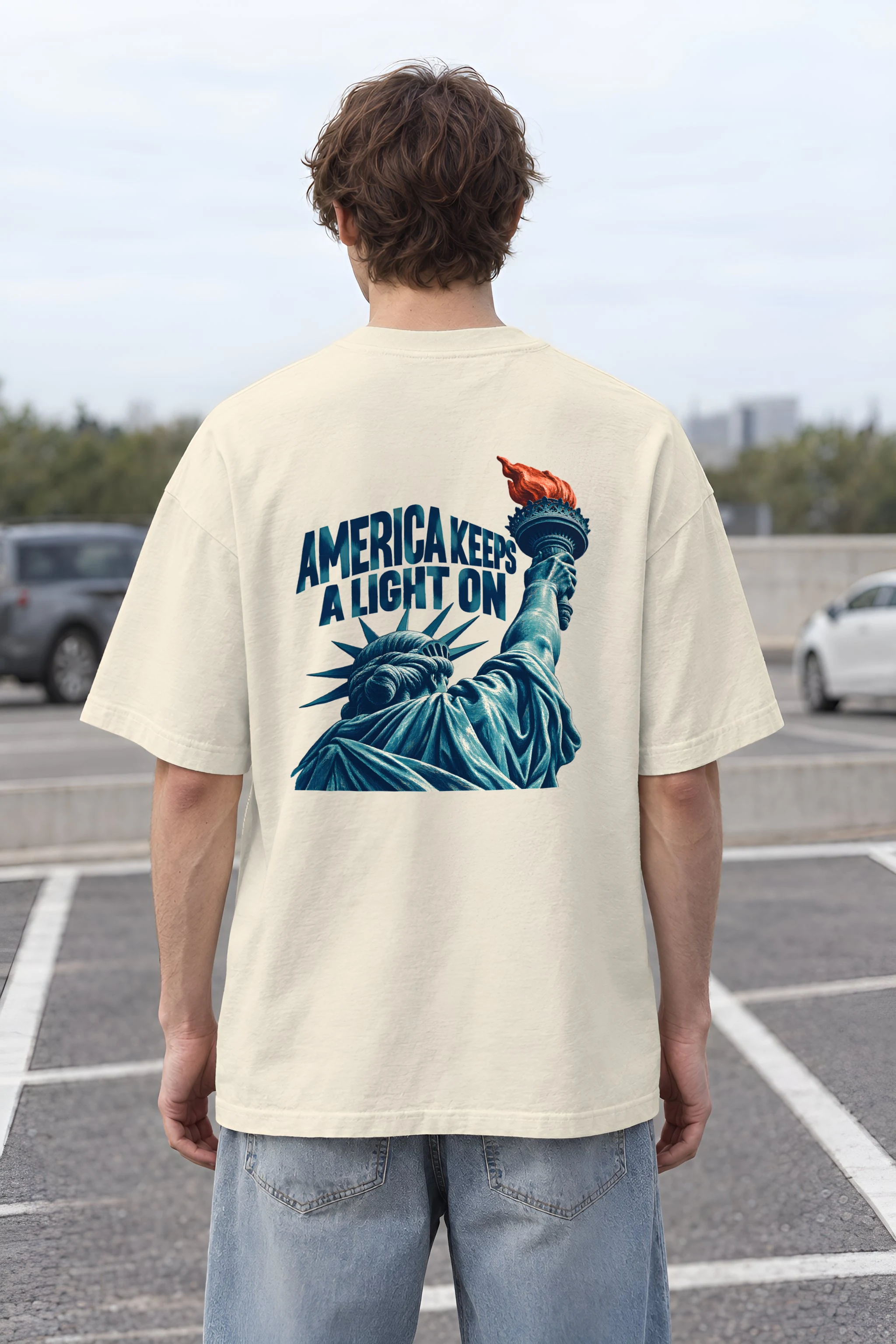 "America Keeps a Light On" Men's Oversized Heavyweight Crewneck T-Shirt