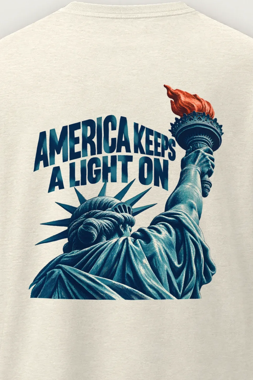 "America Keeps a Light On" Men’s Oversized Heavyweight Crewneck T-Shirt - the graphic up close