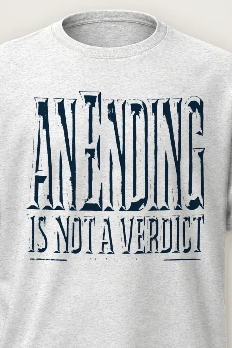 "An Ending Is Not a Verdict" Heavyweight Unisex Crewneck T-shirt - the graphic up close