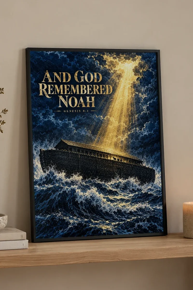 "And God Remembered Noah" Premium Wooden Framed Poster - the graphic up close