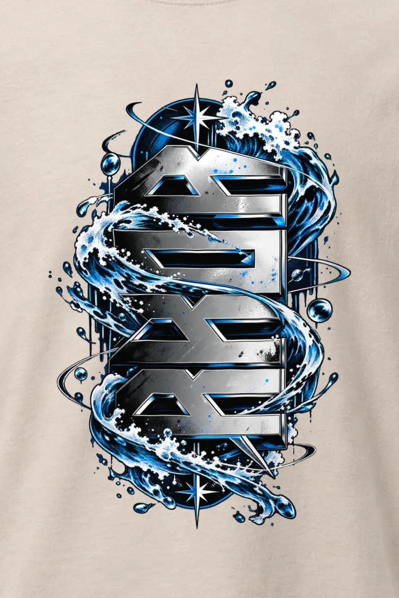 "Sea Chrome Block Waves" Heavyweight Unisex Crewneck T-shirt - the graphic up close