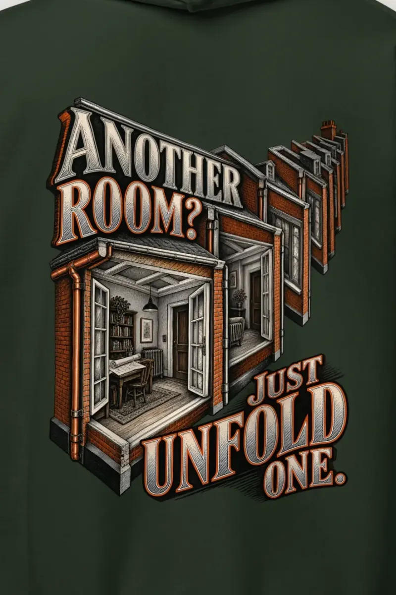 "Another Room? Just Unfold One" Heavy Blend Unisex Pullover Hoodie - the graphic up close