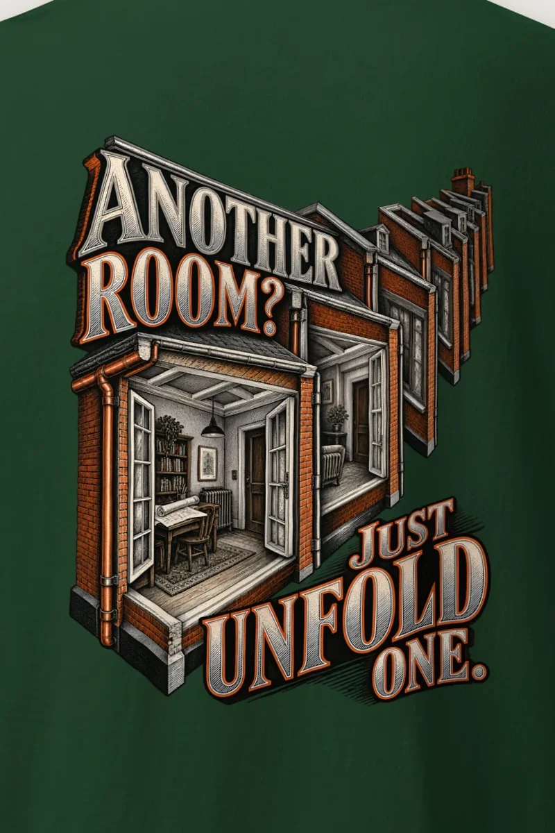 "Another Room? Just Unfold One" Heavyweight Unisex Crewneck T-shirt - the graphic up close