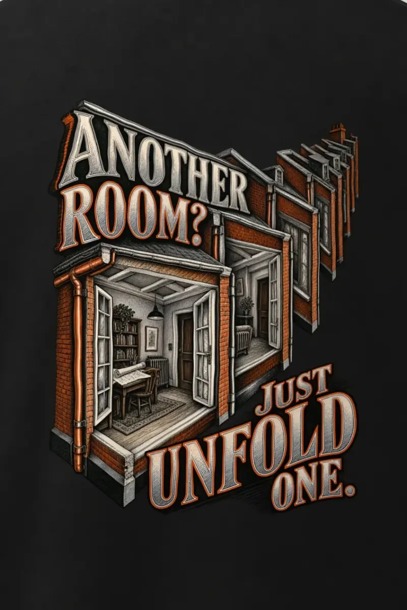 "Another Room? Just Unfold One" Men’s Oversized Heavyweight Crewneck T-Shirt - the graphic up close