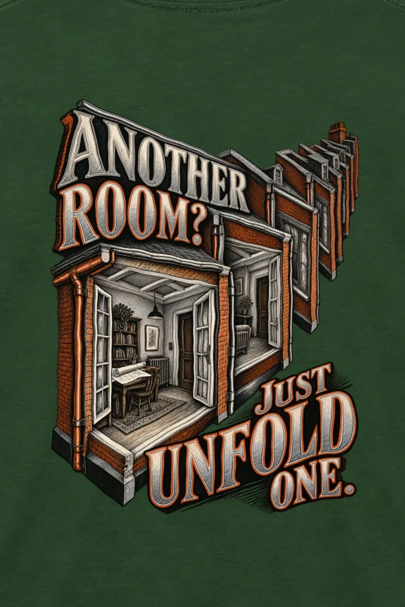 "Another Room? Just Unfold One" Unisex Longsleeve T-shirt - the graphic up close
